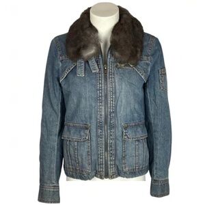 Marc Jacobs Womens Full Zip Rabbit Fur Collar Blue Denim Jean Jacket S Vintage